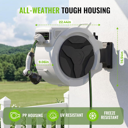 Retractable Garden Hose Reel 1/2 in x 100 ft, Heavy Duty Water Hose Reel with 10 Patterns Nozzle, Any Length Lock & Slow Rewind System, 180 Swivel Bracket Wall Mounted