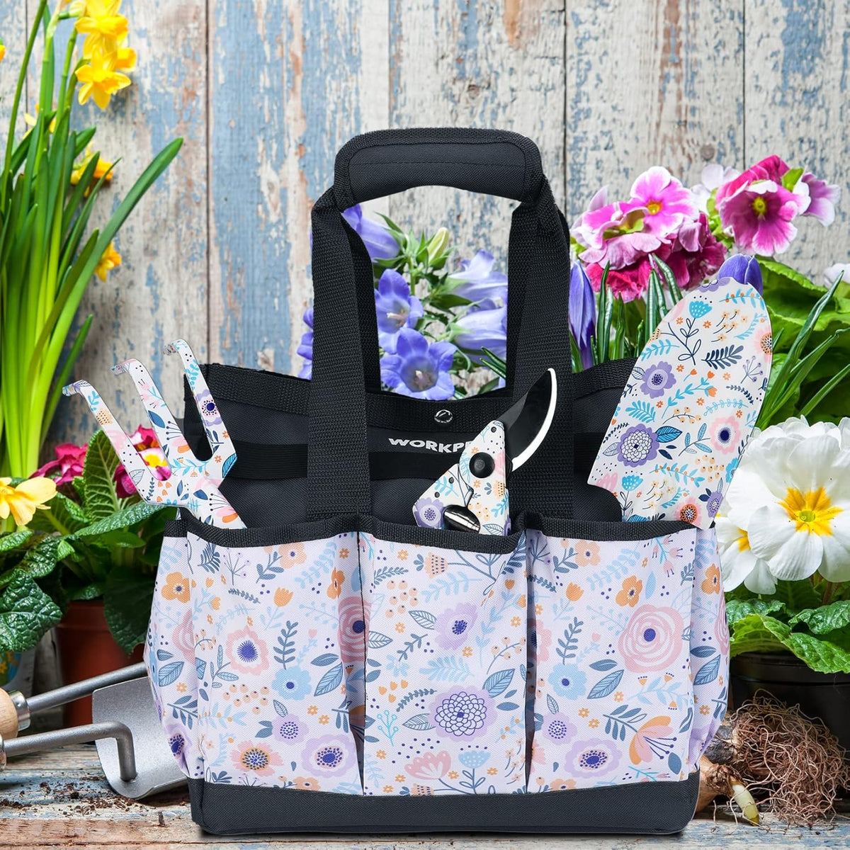 WORKPRO Garden Tool Bag, 9 Pockets Gardening Bag, Heavy Duty Oxford Garden Tote Caddy (Tools NOT Included), 12" x 12" x 6" (Floral White)