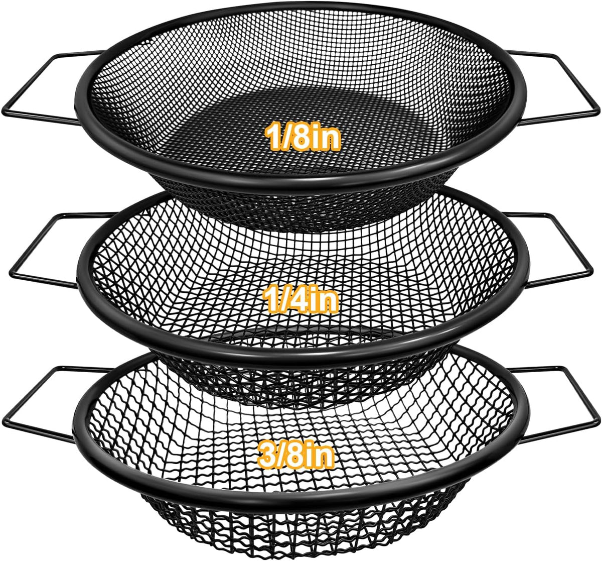 2PCS Soil Sifter for Gardening, Rock Sifter for 5 Gallon Bucket,Compost Sifter Dirt Sifter,Captures Dirt Rocks Sawdust Black Handle Upgrade Version
