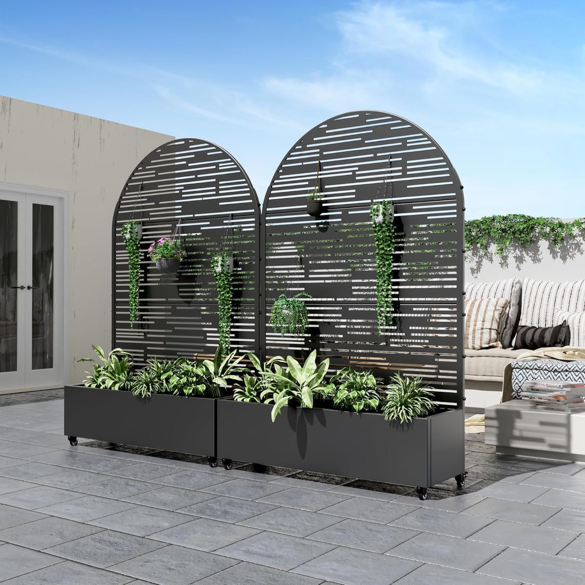 Casaphoria Metal Raised Garden Bed with Trellis and Wheels, 72"x47"x16" Planter Box for Climbing Plants, Vegetables & Vines, Features Drainage Holes and Privacy Screen (Black-Louver) - Colors A