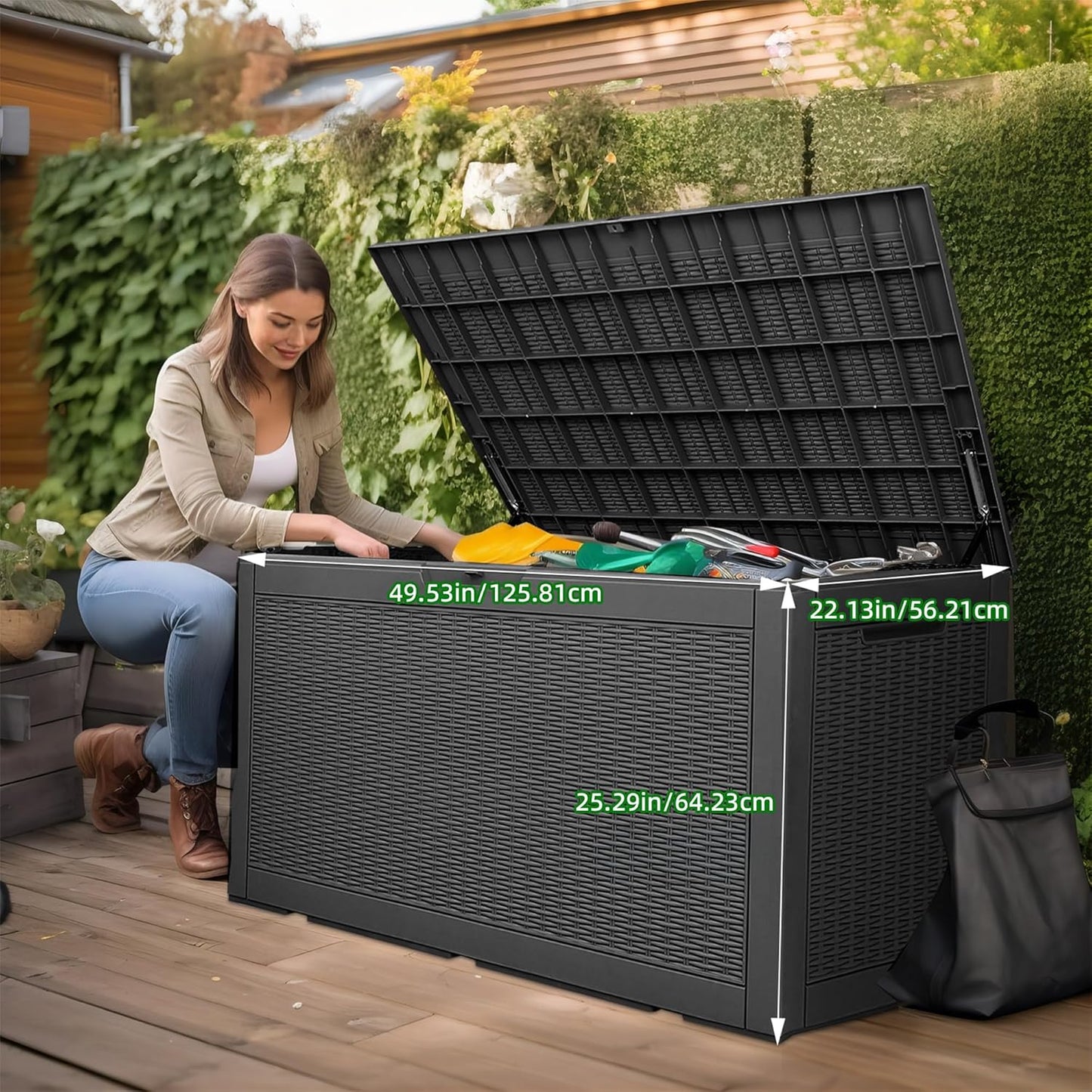 30 Gallon Outdoor Deck Box, Lockable Waterproof Outdoor Storage Boxes For Garden Tools,Indoor Cushions,Accessories Outside Storage Resin Weatherproof Container(Black)