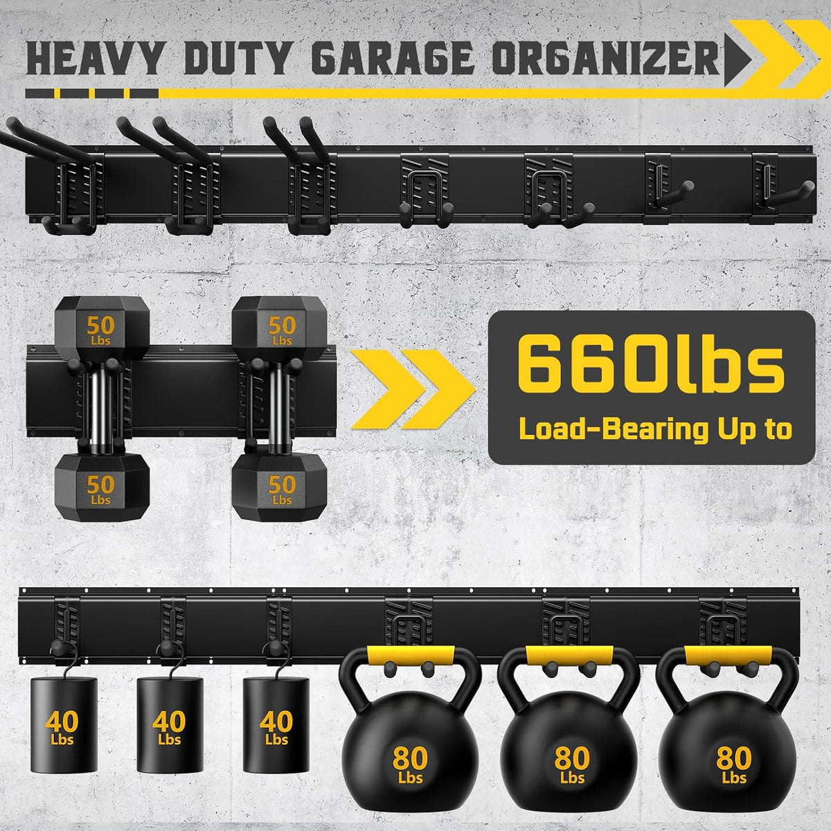 64" Garage Wall Tool Organizer, 900 Lbs Heavy Duty Steel Garden Tool Storage Rack & Garage Organization for Yard, Shed, Garage - 12 Longer & Thicker Hooks + 2 Straps