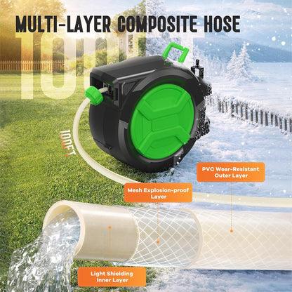 Retractable Garden Hose Reel 1/2" 100ft, 2-in-1 Wall Mount & Portable Auto Rewind Water Hose Reel with Any Length Lock & 180° Swivel, Heavy Duty Outdoor Hose Storage for Garden, Patio and Car Washing