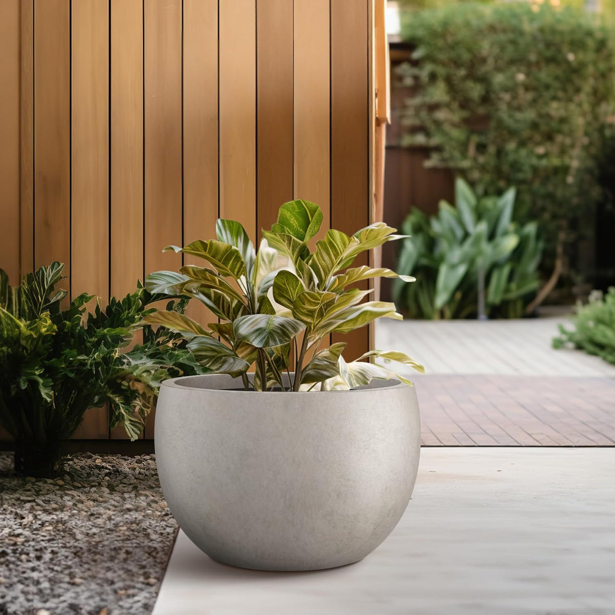 Large Round Bowl Vintage BRN Concrete Planter 19.9" Dia, Outdoor