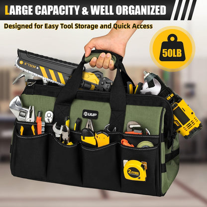 UUP Heavy Duty Tool Bag 15-Inch, 16-Pocket Portable Empty Tool Box Organizer, Big Storage Toolbox Organization, Soft Handle Large Zipper Carrying Toolbag, Father Day Gifts for Him Dad Men, Green