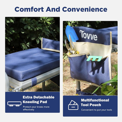 Tovve Foldable Garden Kneeler and Seat, Heavy Duty Garden Stool with 10" Wide Detachable Kneeling Pad, Portable Garden Bench Chair with Large Garden Tool Bag, Gardening Gifts for Women, Seniors, Mom