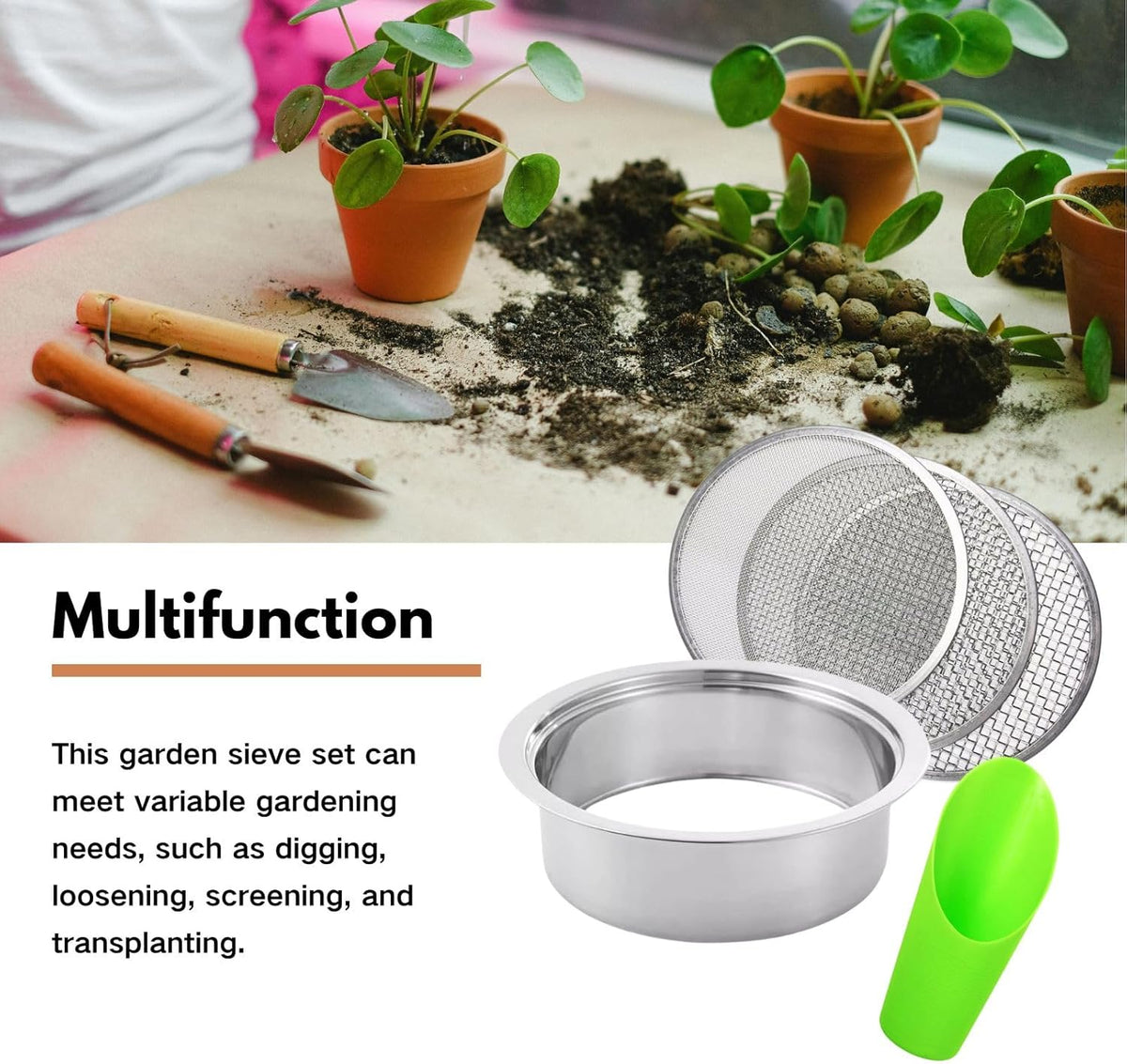 Soil Sifter for Gardening, 12 Inch Stainless Steel Soil Sifter with 4 Replaceable Fine Screens and Shovel, Sieve for Sand Rocks Dirt Compost
