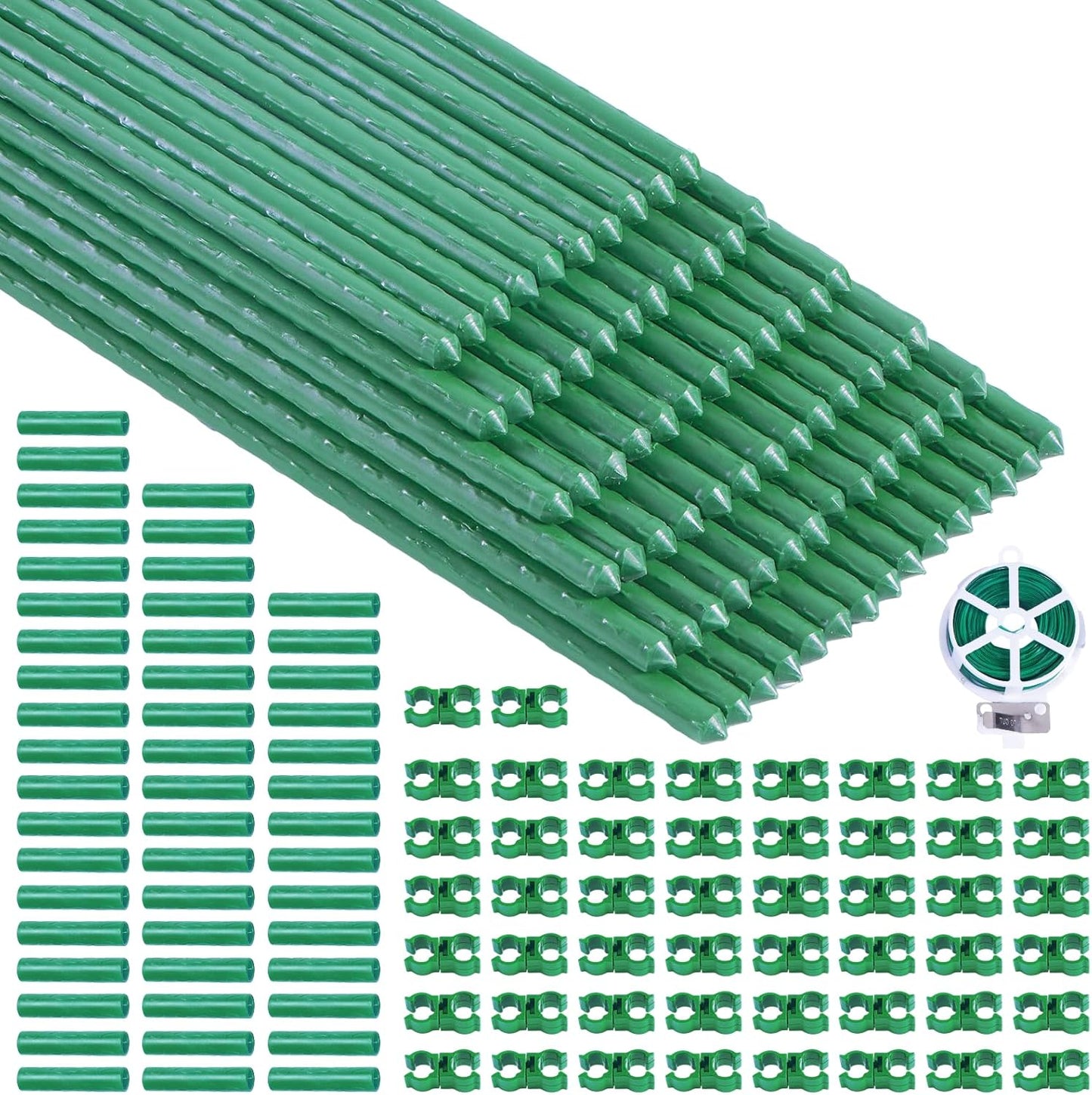 100 Pcs Tomato Stakes 16 Inch Garden Stakes for Outdoor Plants Support Plastic Coated Metal Plant Stakes Supports for Climbing Potted Plants with 50 Connectors 50 Rotatable Clips 165 Ft Twist Tie