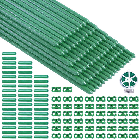 100 Pcs Tomato Stakes 16 Inch Garden Stakes for Outdoor Plants Support Plastic Coated Metal Plant Stakes Supports for Climbing Potted Plants with 50 Connectors 50 Rotatable Clips 165 Ft Twist Tie