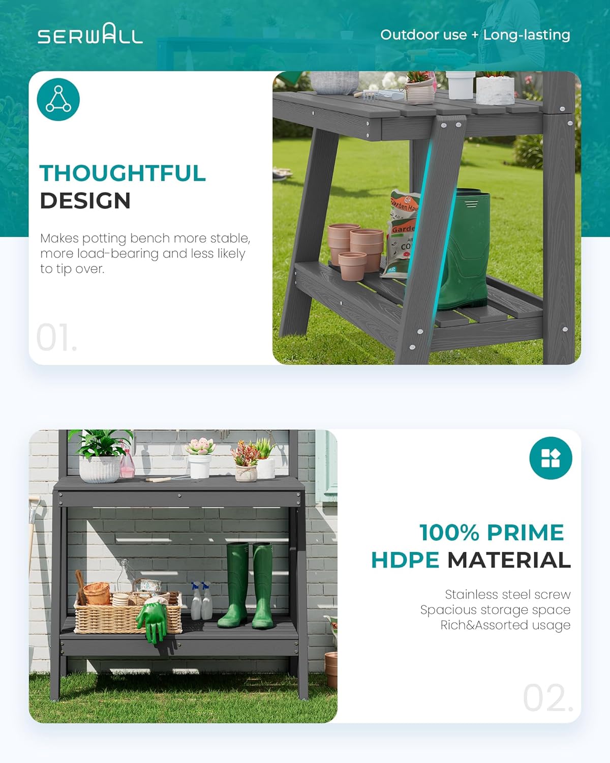 SERWALL Outdoor Potting Bench with Removeable Sink,Rot-Resistant HDPE Potting Table for Outside Gardening, All Weather Use - Gray