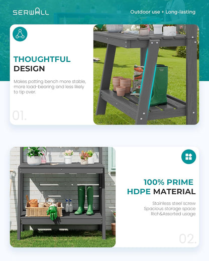 SERWALL Outdoor Potting Bench with Removeable Sink,Rot-Resistant HDPE Potting Table for Outside Gardening, All Weather Use - Gray