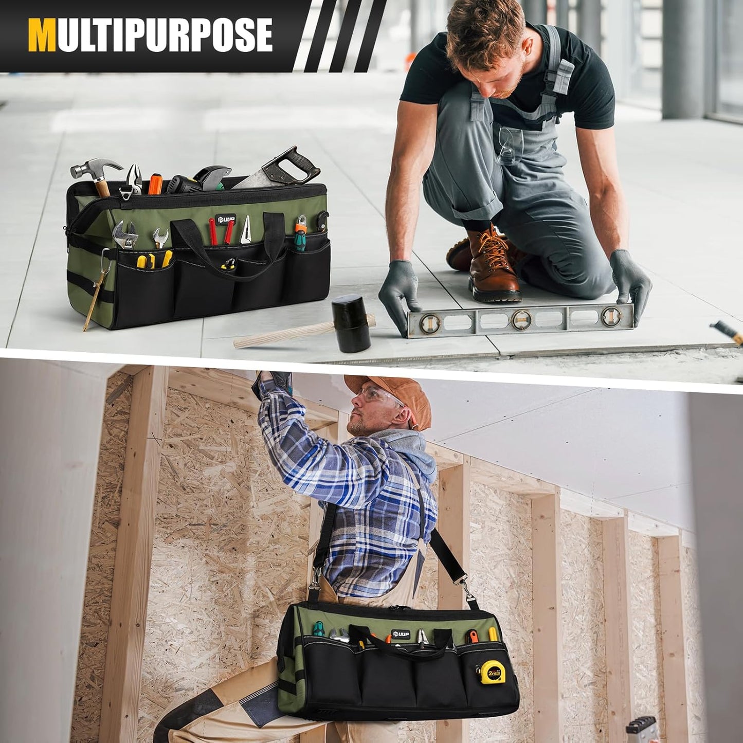 UUP Heavy Duty Tool Bag 15-Inch, 16-Pocket Portable Empty Tool Box Organizer, Big Storage Toolbox Organization, Soft Handle Large Zipper Carrying Toolbag, Father Day Gifts for Him Dad Men, Green