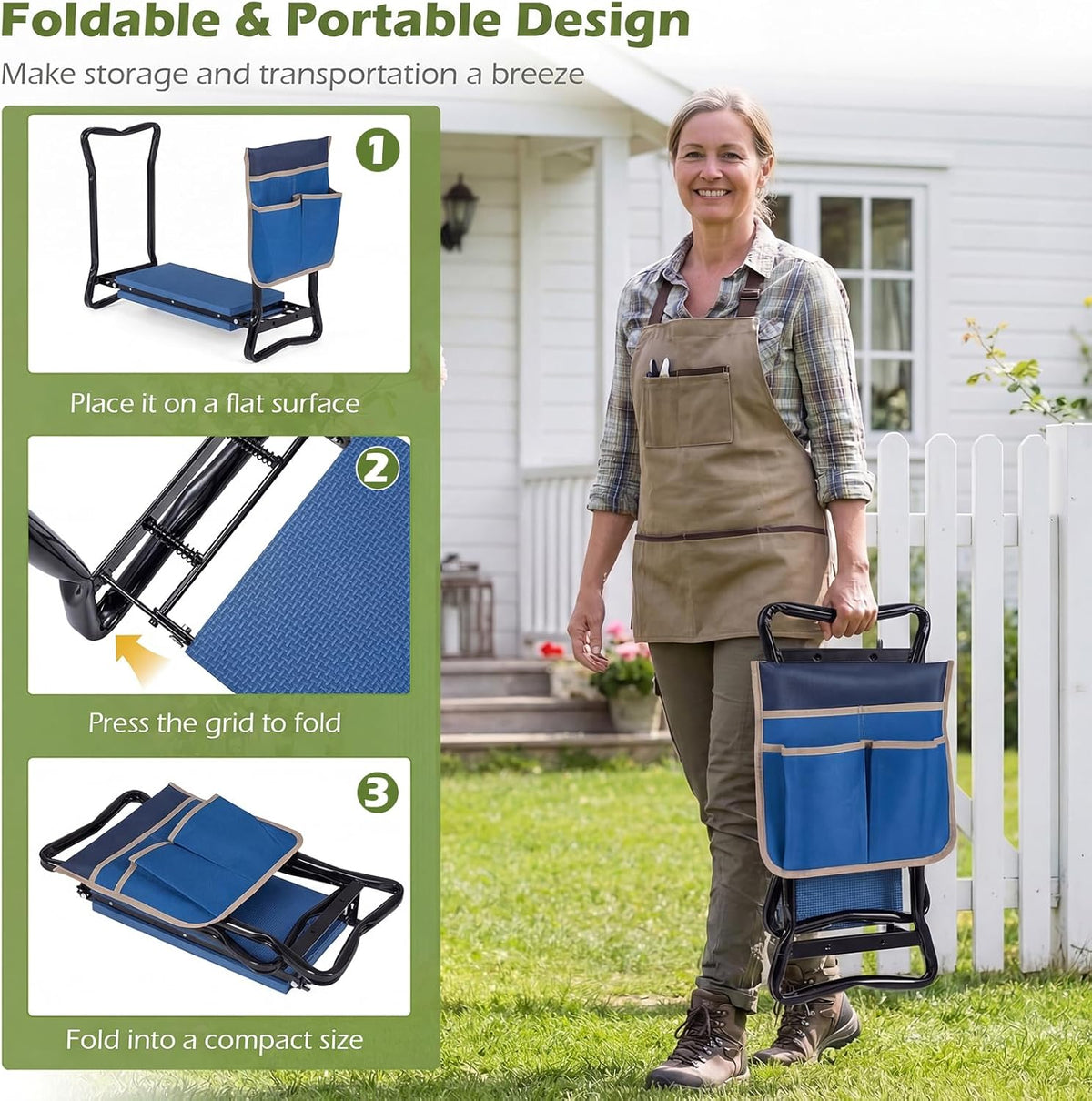 2-in-1 Garden Kneeler & Seat, Folding Seat w/EVA Foam Kneeling Pad & Removable Tools Pouch, Sturdy Steel Frame, No Assembly, Portable Heavy Duty Garden Stool for Women & Men