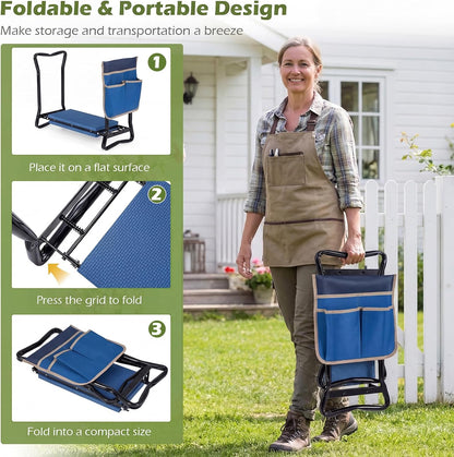 2-in-1 Garden Kneeler & Seat, Folding Seat w/EVA Foam Kneeling Pad & Removable Tools Pouch, Sturdy Steel Frame, No Assembly, Portable Heavy Duty Garden Stool for Women & Men