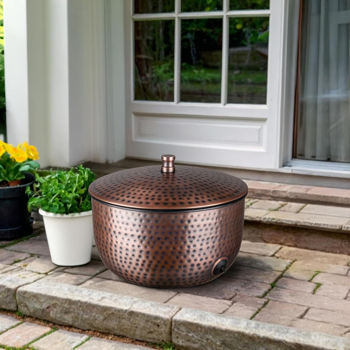 Monarch Abode Garden Hose Holder with Lid – Decorative Water Hose Holders for Outside, Hand Hammered Metal Matte Black Pot with Drainage, 100ft Waterhose Holder for Outside, Garden Storage Caddy