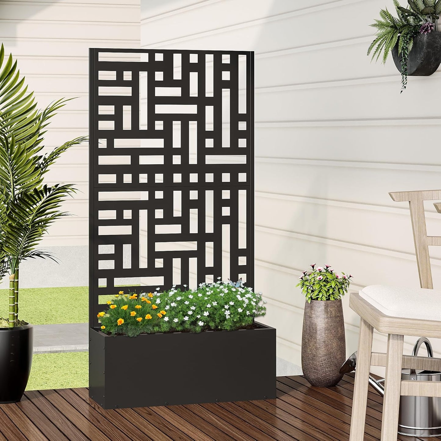 Casaphoria Metal Raised Garden Bed with Trellis and Wheels, 72"x47"x16" Planter Box for Climbing Plants, Vegetables & Vines, Features Drainage Holes and Privacy Screen (Black-Louver) - Colors B
