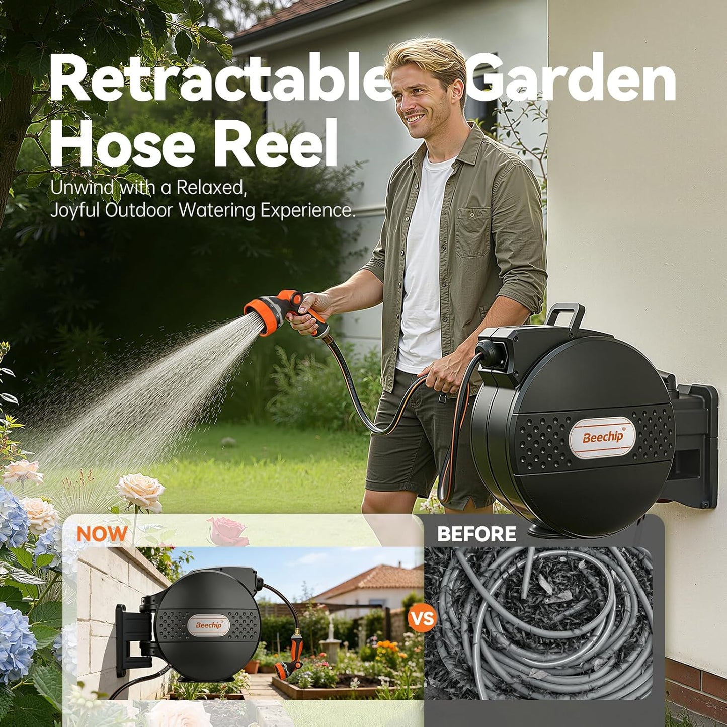Retractable Garden Hose Reel, 1/2 in x 100 ft, Wall Mounted with 10-Function Nozzle, Any Length Lock & Slow Auto Rewind System, 180° Swivel Bracket, Black