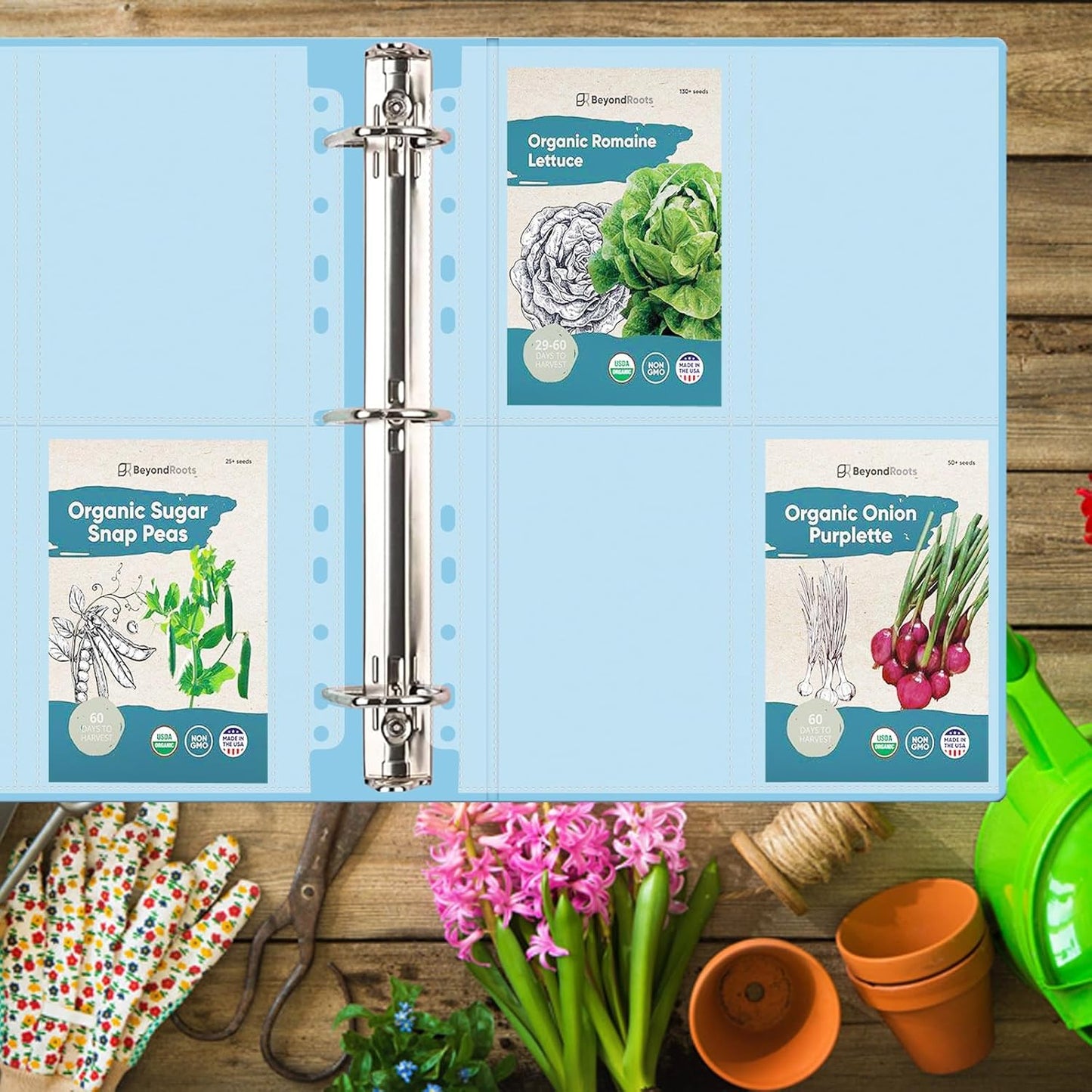 MUQING Seed Storage Organizer Binder, Holds 200 Seed Packets with Flip-Top Lid Sleeves, 50 Pages + 12 Monthly Cards + 4-Season Color-Coded Dividers, Faux Leather Seed Keeper Book for Gardeners (Green)