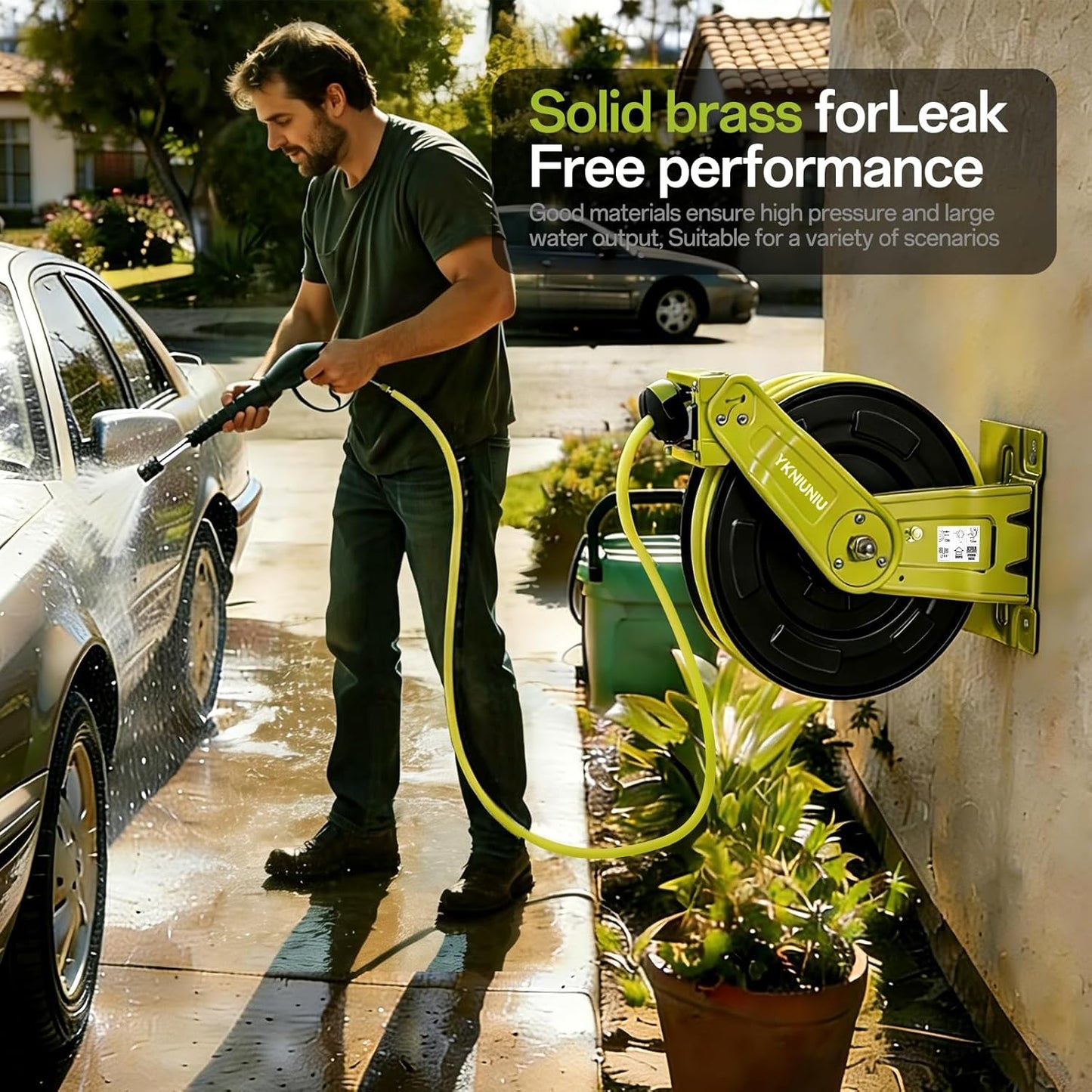 Retractable Garden Hose Reel, 50 FT Hi-Vis Neon Green Hybrid Hose, 300 PSI Heavy Duty Steel Reel, Auto Rewind, Wall Mount, for Lawn & Yard Gardening, 1/4" NPT