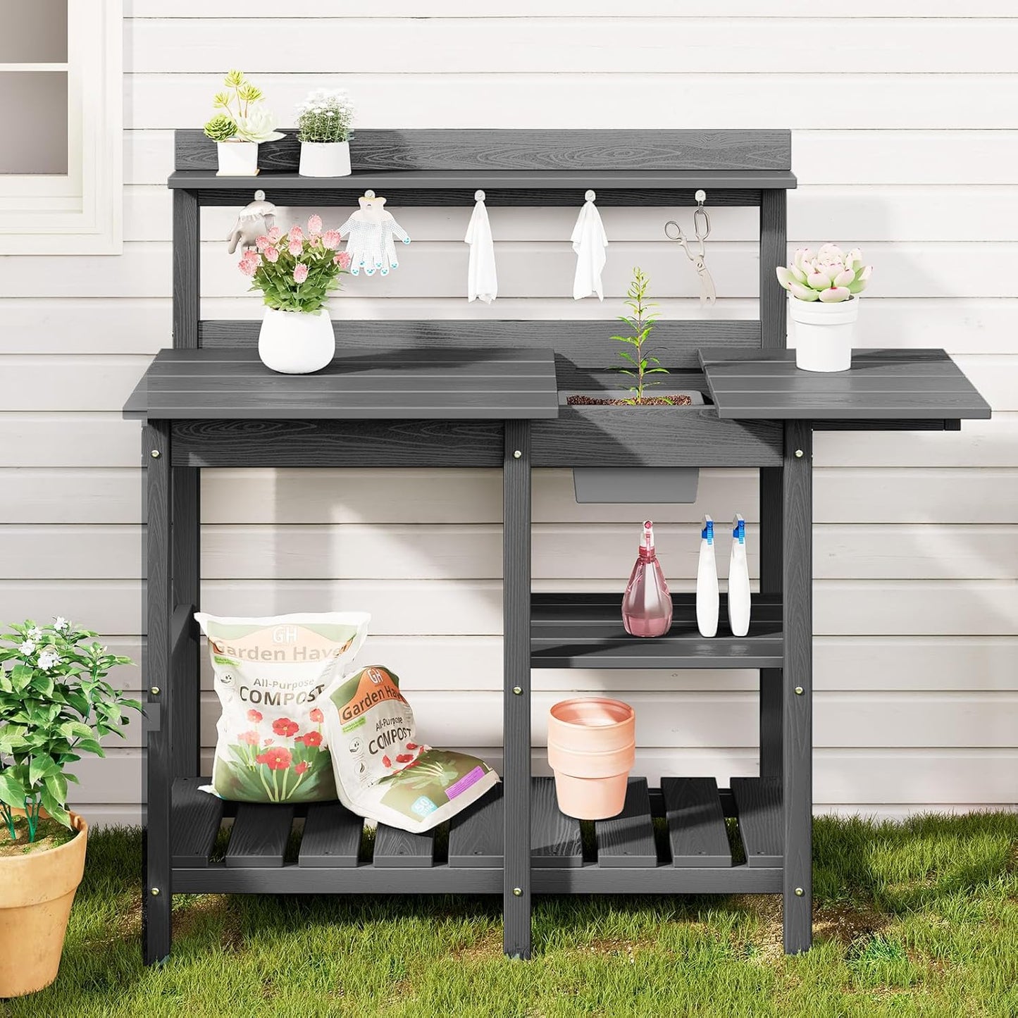 SERWALL Outdoor Potting Bench with Removeable Sink,Rot-Resistant HDPE Potting Table for Outside Gardening, All Weather Use - Gray