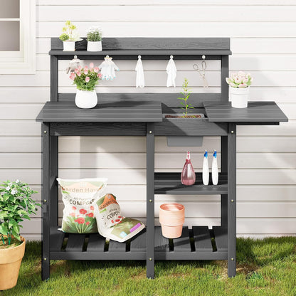 SERWALL Outdoor Potting Bench with Removeable Sink,Rot-Resistant HDPE Potting Table for Outside Gardening, All Weather Use - Gray