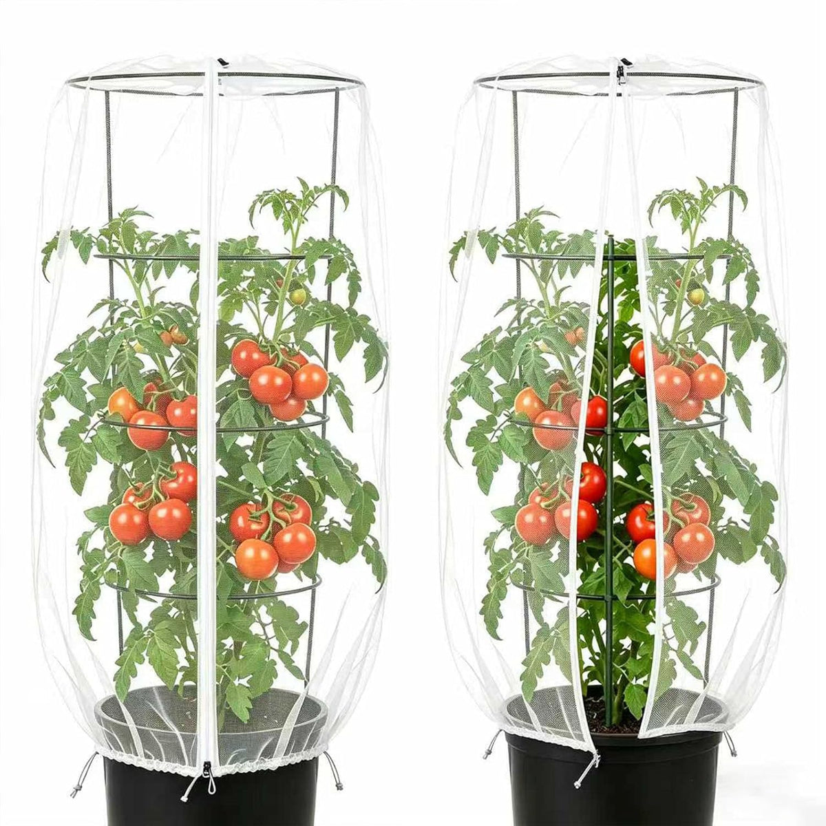 2 Pcs Garden Bird Netting Cover for Round Tomato Cage, 59" x 18" Tomato Trellis Insect Barrier Protection Mesh, Plant Cage Garden Net Cover with Zipper for Vertical Climbing Plants Vegetables Fruits