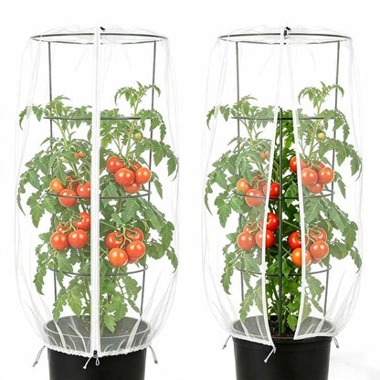 2 Pcs Garden Bird Netting Cover for Round Tomato Cage, 59" x 18" Tomato Trellis Insect Barrier Protection Mesh, Plant Cage Garden Net Cover with Zipper for Vertical Climbing Plants Vegetables Fruits