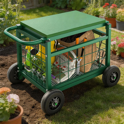 FLINTER Rolling Garden Work Seat with Wheels, Upgraded Heavy Duty Gardenning Cart with Seat - Garden Rolling Stools with Wheels for Seniors, Lawn, Patio & Backyard Gardening, Green