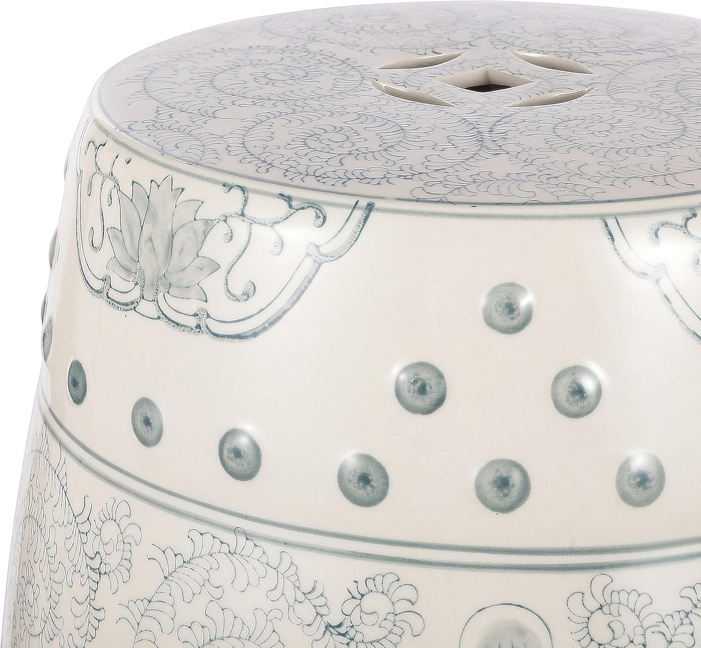 JONATHAN Y Double Happiness 18" Ceramic Garden Stool, Traditional Chinoiserie Dusty Teal and White Indoor/Outdoor Patio Drum Accent Side Table and Plant Stand TBL1013C