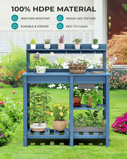 SERWALL Outdoor Potting Bench with Removeable Sink,Rot-Resistant HDPE Potting Table for Outside Gardening, All Weather Use - Gray