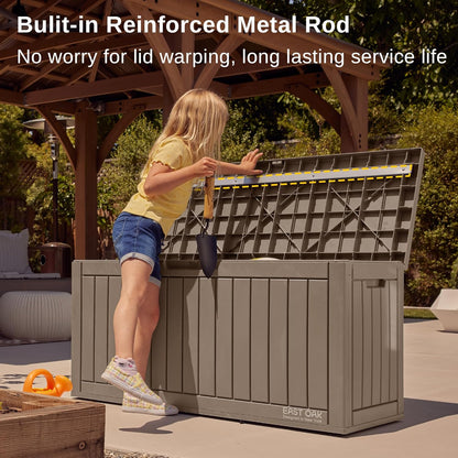 EAST OAK Outdoor Storage Box, 31 Gallon Deck Box Indoor and Outdoor Use, Waterproof Resin Storage Bin for Package Delivery, Patio Cushions, Gardening Tools, Lockable, UV Resistant, Grey