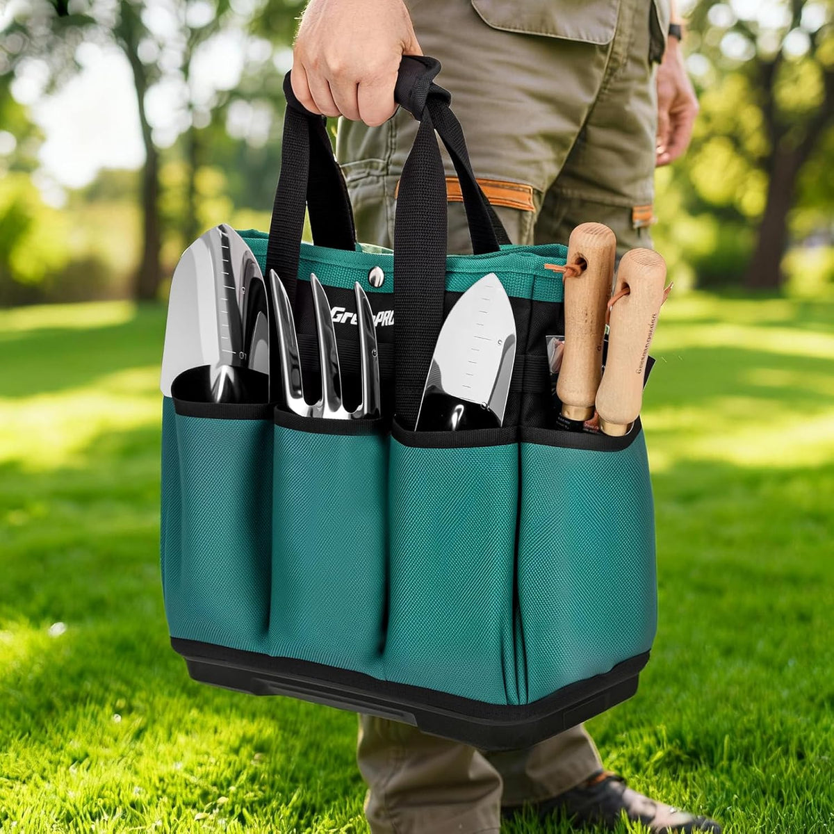 GrenPRO Garden Tool Bag Molded Bottom, Heavy Duty Tool Tote Toolbox with 10 Pockets, Reinforced & Top Snap Closure for Gardening Tools Storage, Dark Green(Tools Not Included)