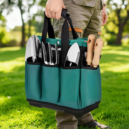 GrenPRO Garden Tool Bag Molded Bottom, Heavy Duty Tool Tote Toolbox with 10 Pockets, Reinforced & Top Snap Closure for Gardening Tools Storage, Dark Green(Tools Not Included)