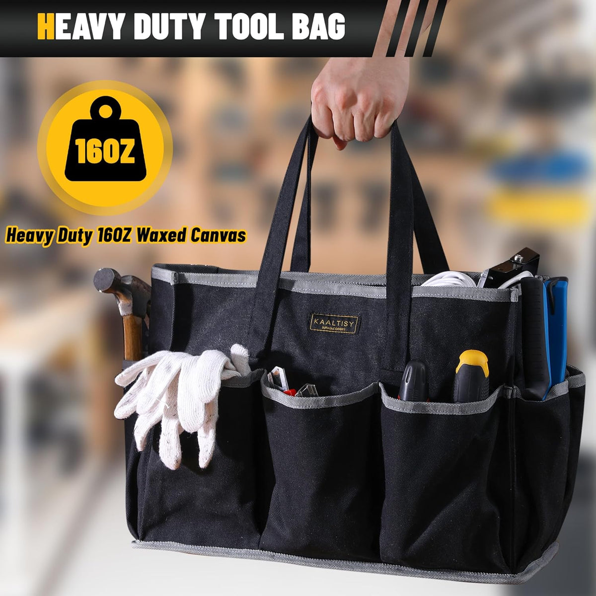 Tool Tote Bag, Heavy Duty 16oz Waxed Canvas Garden Tool Bag | Portable 11-Pocket Tool Storage Bag for Gardener Electrician Contractor Repairman (14"L x 5.5"W x 10.5"H) – Army Green