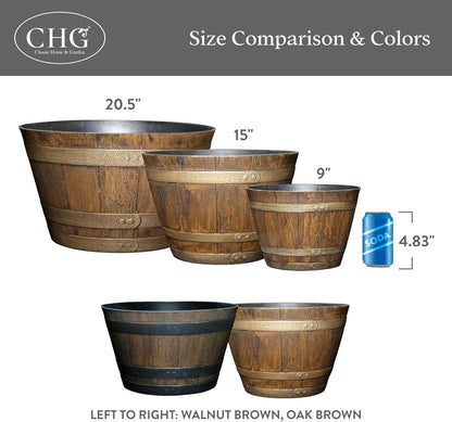 Classic Home & Garden by Growscape Whiskey Barrel Planters, Wooden Finish Flower Planter Pot, Decorative Garden Pots, Indoor Outdoor Resin Planters, Weather-Resistant Plant Pot (15” Oak Brown, 1-Pack)