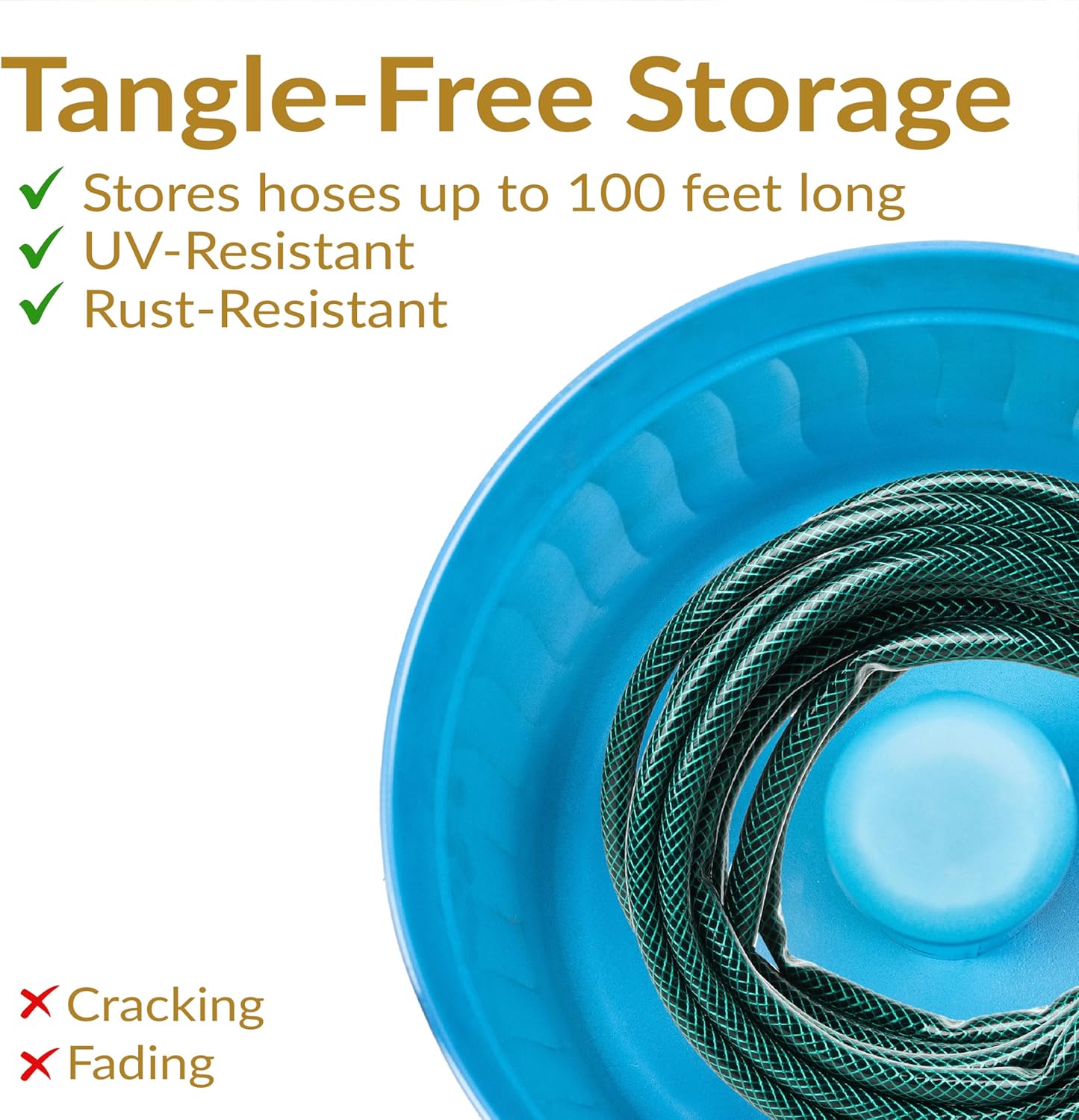Sunnydaze Metal Garden Hose Pot for Outside with Lid - UV-Resistant 145-Foot Outdoor Hose Holder - Blue Patina Finish