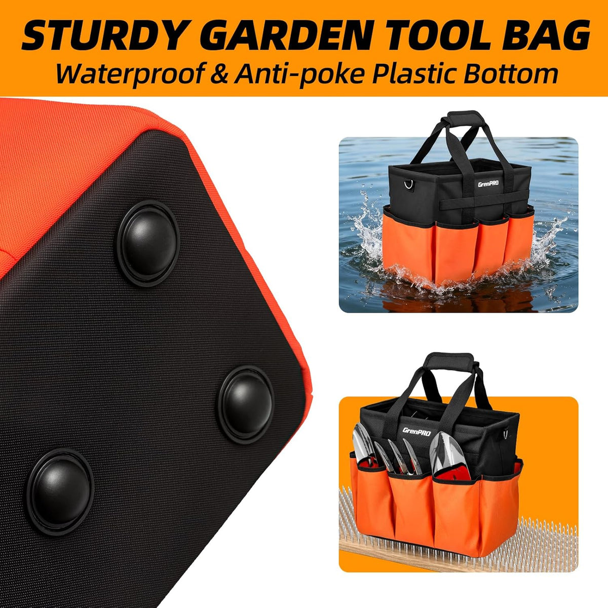 GrenPRO Garden Tool Bag Molded Bottom, Heavy Duty Tool Tote Toolbox with 10 Pockets, Reinforced & Top Snap Closure for Gardening Tools Storage, Dark Green(Tools Not Included)