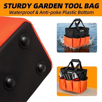 GrenPRO Garden Tool Bag Molded Bottom, Heavy Duty Tool Tote Toolbox with 10 Pockets, Reinforced & Top Snap Closure for Gardening Tools Storage, Dark Green(Tools Not Included)