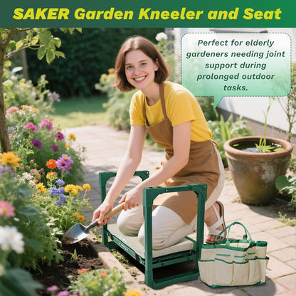 Saker Garden Kneeler and Seat Foldable Gardening Stool with Extendable Legs & Thickened Pad, Tool/Storage Bag, Heavy Duty 400lbs Support for Elderly, Gardening, Outdoor Use
