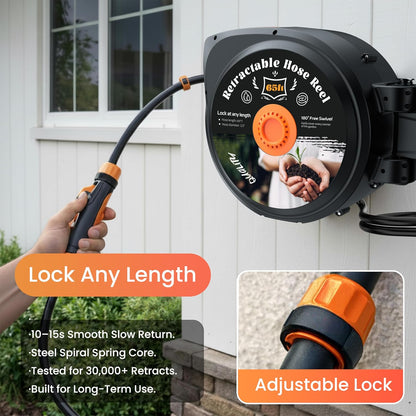 Retractable Garden Hose Reel, 50 ft x 1/2" Wall Mounted 180° Swivel Bracket, Any Length Lock, Slow Return System, 10-Pattern Nozzle for Garden Watering, Car Washing, Patio Cleaning & Outdoor Use