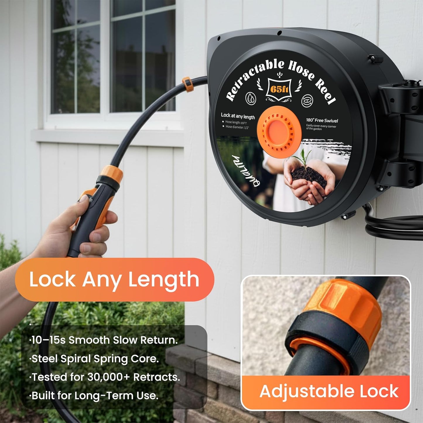 Retractable Garden Hose Reel, 1/2 in x 50 ft Wall Mounted Hose Reel Heavy Duty with 10-Function Sprayer Nozzle, Any Length Lock, Slow Return System, 180°Swivel Bracke for Large Yard Lawn Car Washing