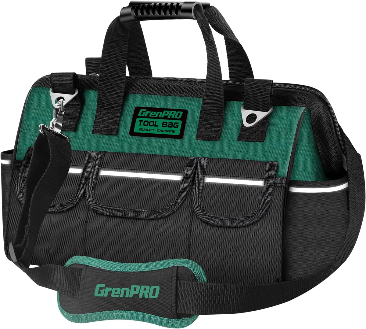 GrenPRO Garden Tool Bag Molded Bottom, Heavy Duty Tool Tote Toolbox with 10 Pockets, Reinforced & Top Snap Closure for Gardening Tools Storage, Dark Green(Tools Not Included)