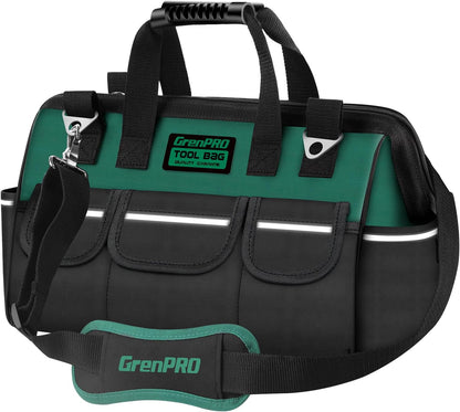 GrenPRO Garden Tool Bag Molded Bottom, Heavy Duty Tool Tote Toolbox with 10 Pockets, Reinforced & Top Snap Closure for Gardening Tools Storage, Dark Green(Tools Not Included)