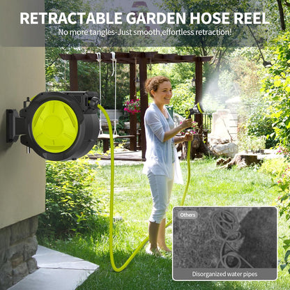 Fenbeli 50 FT Retractable Garden Hose Reel, Wall Mounted Auto Rewind, Any Length Lock, 10 Pattern Nozzle, 180° Swivel Bracket, Burst-Resistant Hose, Brass Fittings for Yard, Garden, Patio, Car Wash