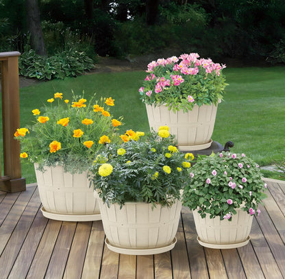Quarut 14 Inch Plastic-Flower-Pot-for-Indoor-Plants, 4 Pack Large Outdoor Planter Pot with Drainage Holes & Saucers, Resin Decorative Garden Pots Planters（Brown）