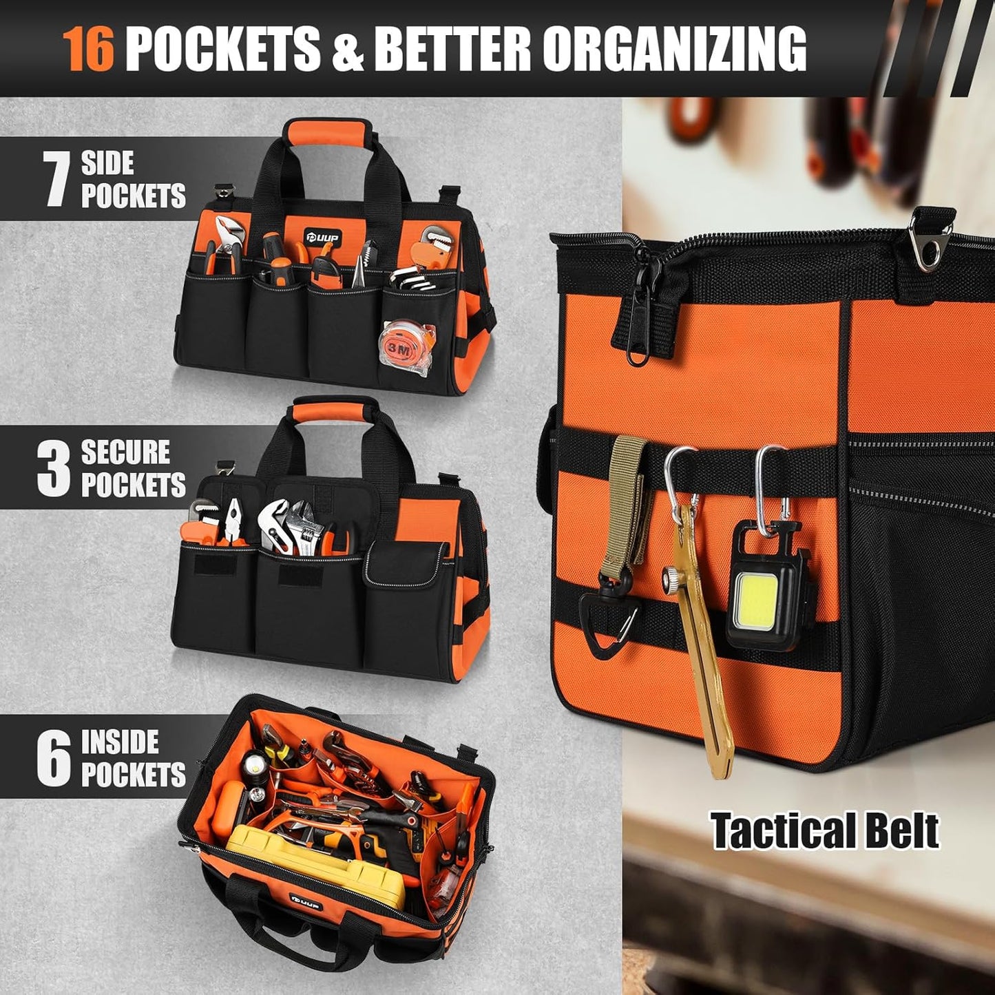 UUP Heavy Duty Tool Bag 15-Inch, 16-Pocket Portable Empty Tool Box Organizer, Big Storage Toolbox Organization, Soft Handle Large Zipper Carrying Toolbag, Father Day Gifts for Him Dad Men, Green