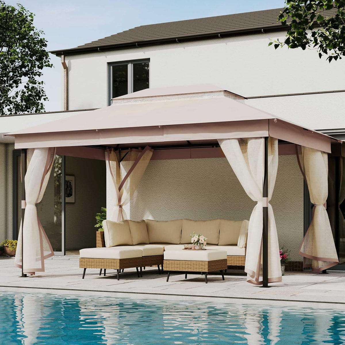10x20 Gazebo Canopy with 100FT String Lights, Metal Heavy Duty Patio Canopy Tent with Double Roofs, Mosquito Nettings and Privacy Screens for Backyard, Garden, Lawn, Gray