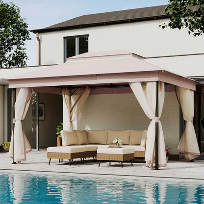10x20 Gazebo Canopy with 100FT String Lights, Metal Heavy Duty Patio Canopy Tent with Double Roofs, Mosquito Nettings and Privacy Screens for Backyard, Garden, Lawn, Gray