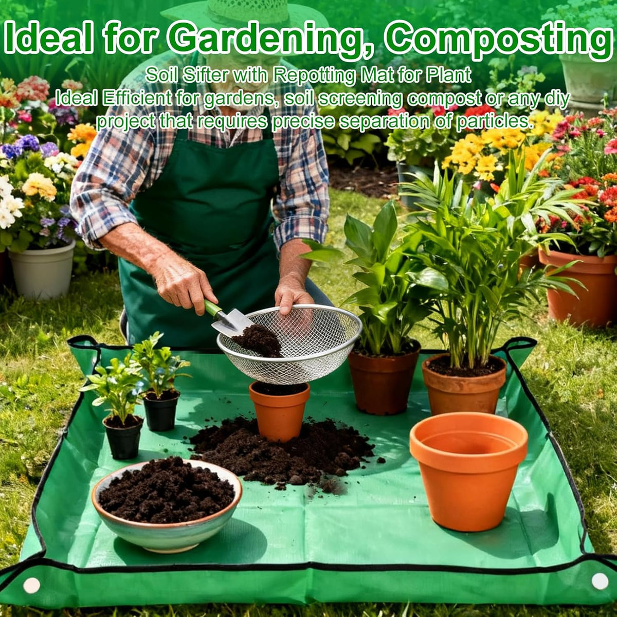2 Pack Soil Sifter for Gardening - Rock Compost Sand Sifter Fits 5-Gallon Buckets 1/4 Inch & 1/8 Inch Mesh Sifting Screen Sieve for Gravel, Dirt, Sawdust with Repotting Mat