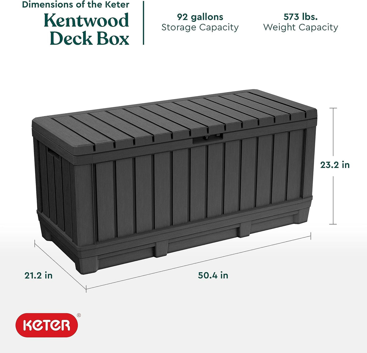 Keter Kentwood 92 Gallon Resin Deck Box-Organization and Storage for Patio Furniture Outdoor Cushions, Throw Pillows, Garden Tools and Pool Floats, Brown